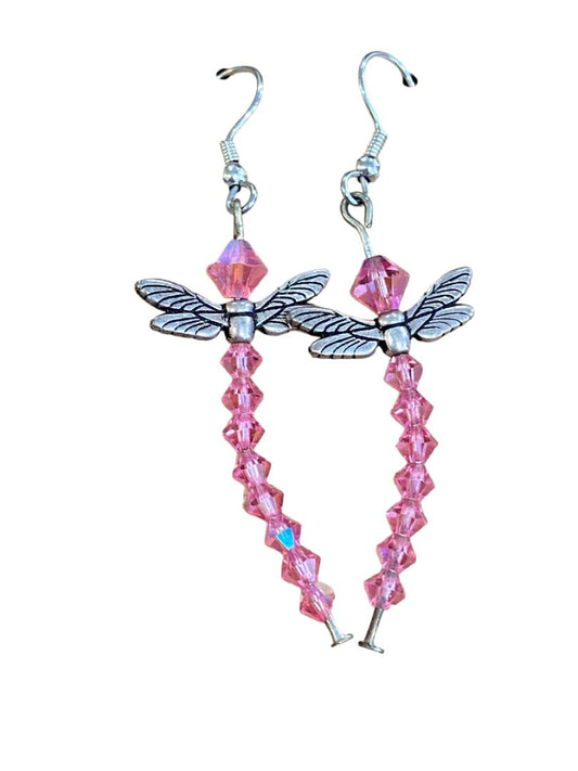 Aurora Borealis Dragonfly Pink Dangle Hook Whimsical Earrings