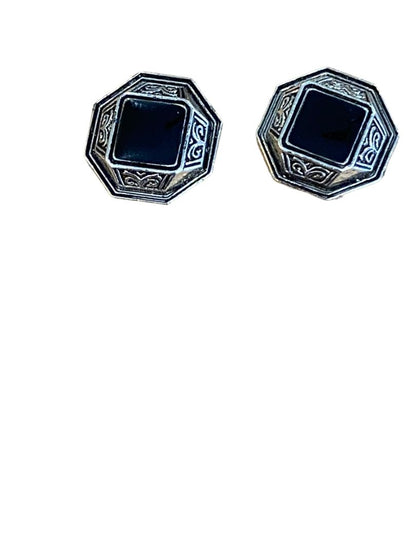 Pewter like Silvertone Geometric Shaped Black Cabochon Post Earrings