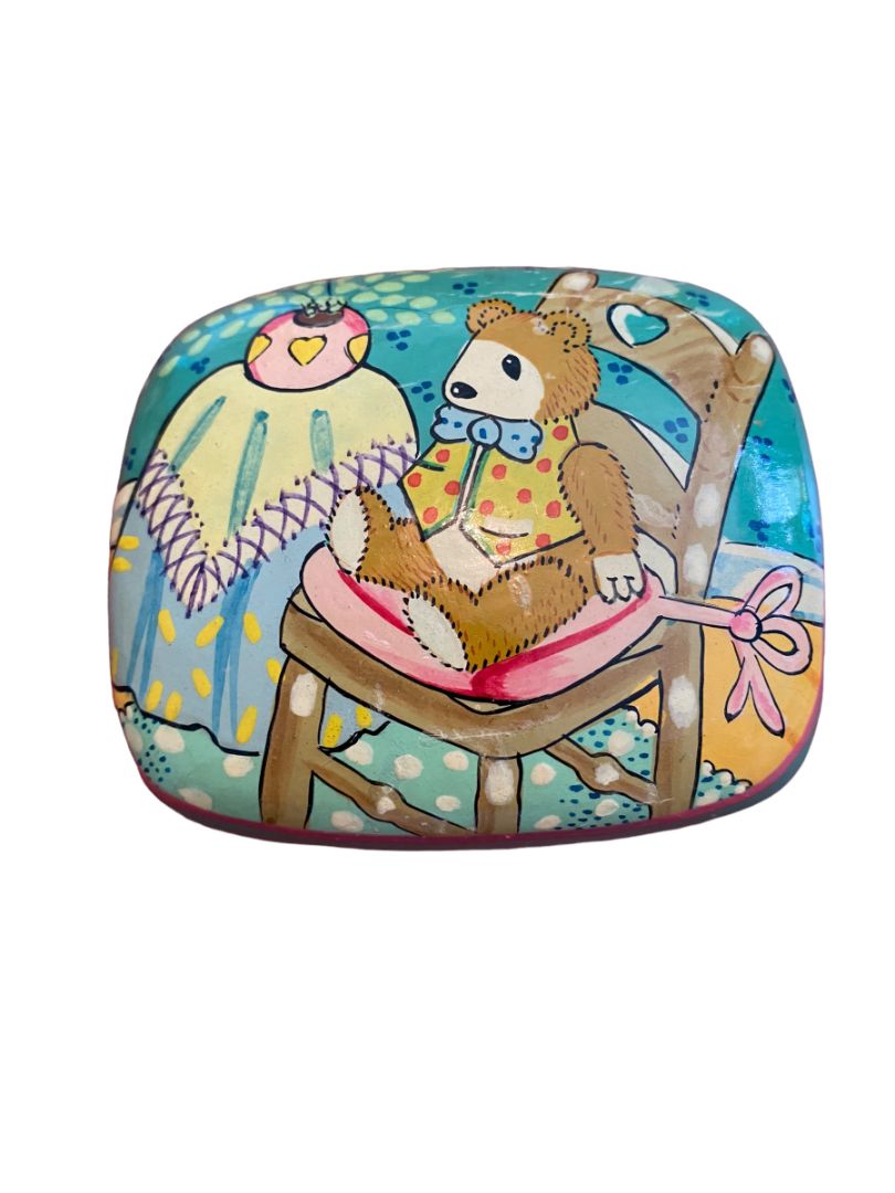 Handpainted Papier Mache Decorative Box Teddy Bear in Chair - Handmade in Kashmir