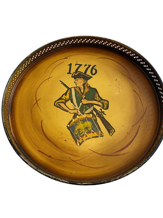 1776 Round Serving Tray Metal Painted Vintage