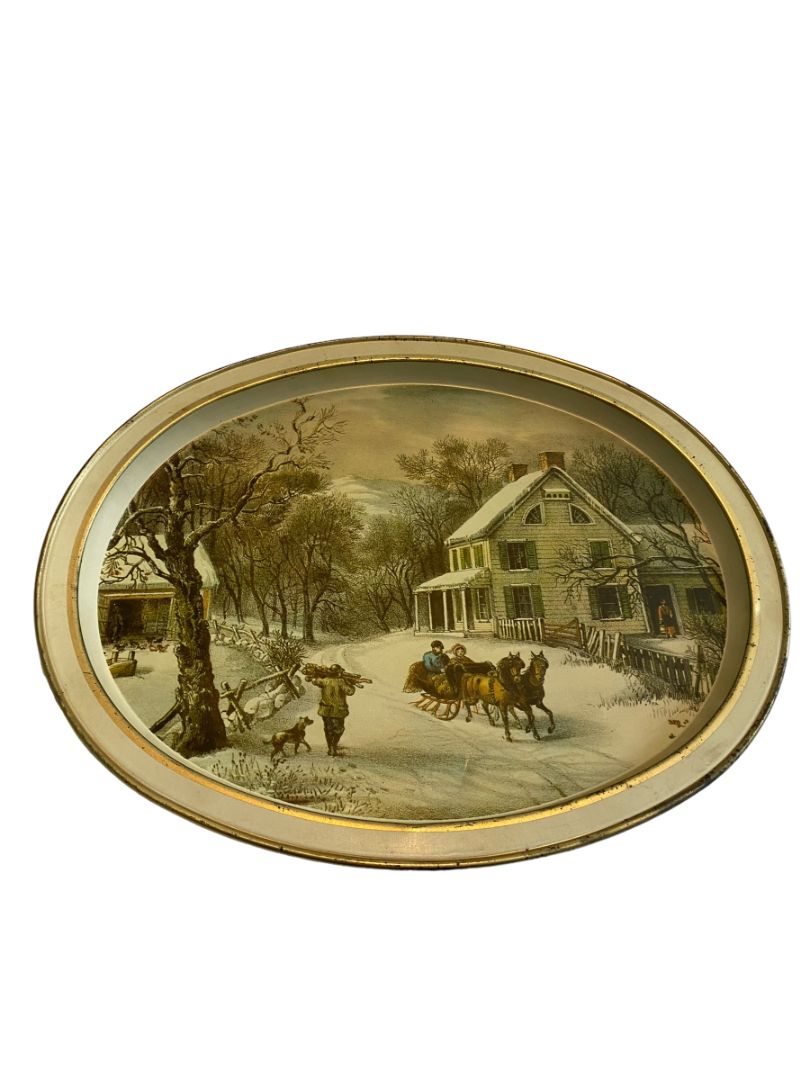 Currier and Ives The American Homestead Metal Tray Serving Vintage Winter