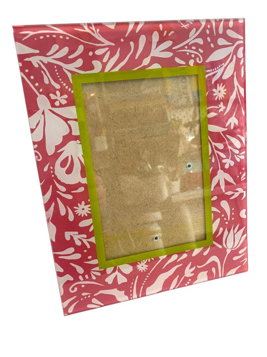 Pink White Green Floral Filagree Glass Table Top Frame for 4X6 Photo