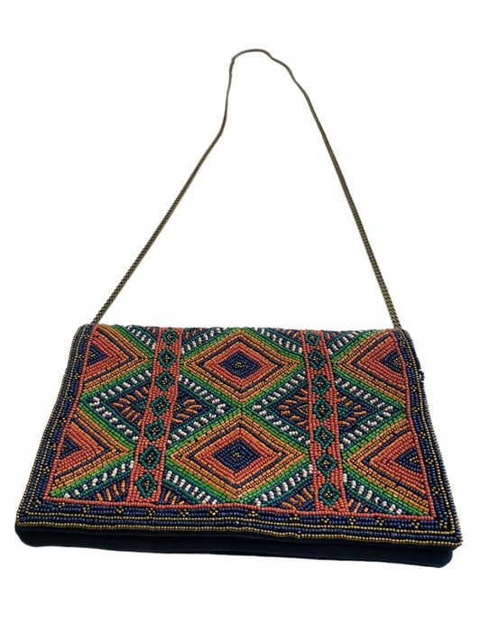 La Sera by Franchi Seed Beaded Envelope Clutch Crossbody Boho Gold Chain Navy Canvas