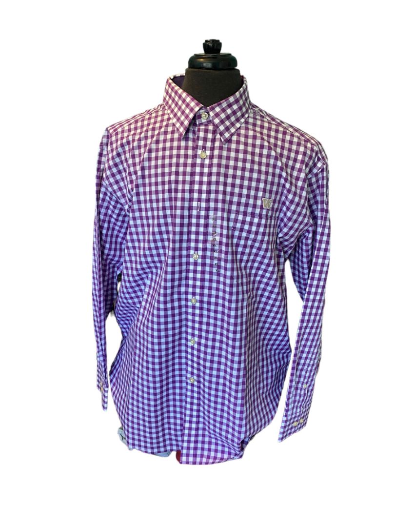 XL Washington Huskies Men's Button Down Gingham Shirt The W Collection NWT