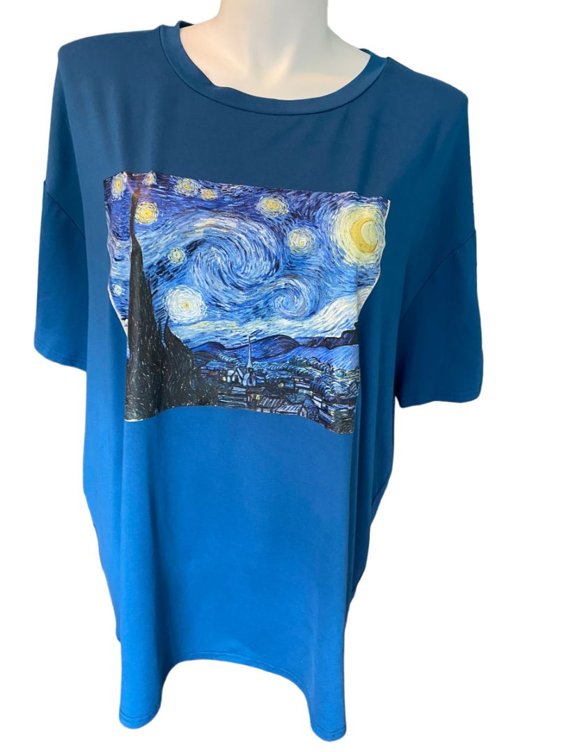 2X Shein Curve Peacock Blue Van Gogh Starry Night T-shirt Tee Shirt