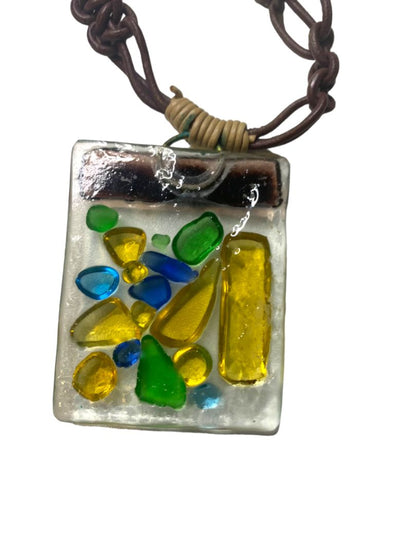 Art Glass Pendant Statement Necklace Mulitcolor 14" Toggle Clasp 2.2"h