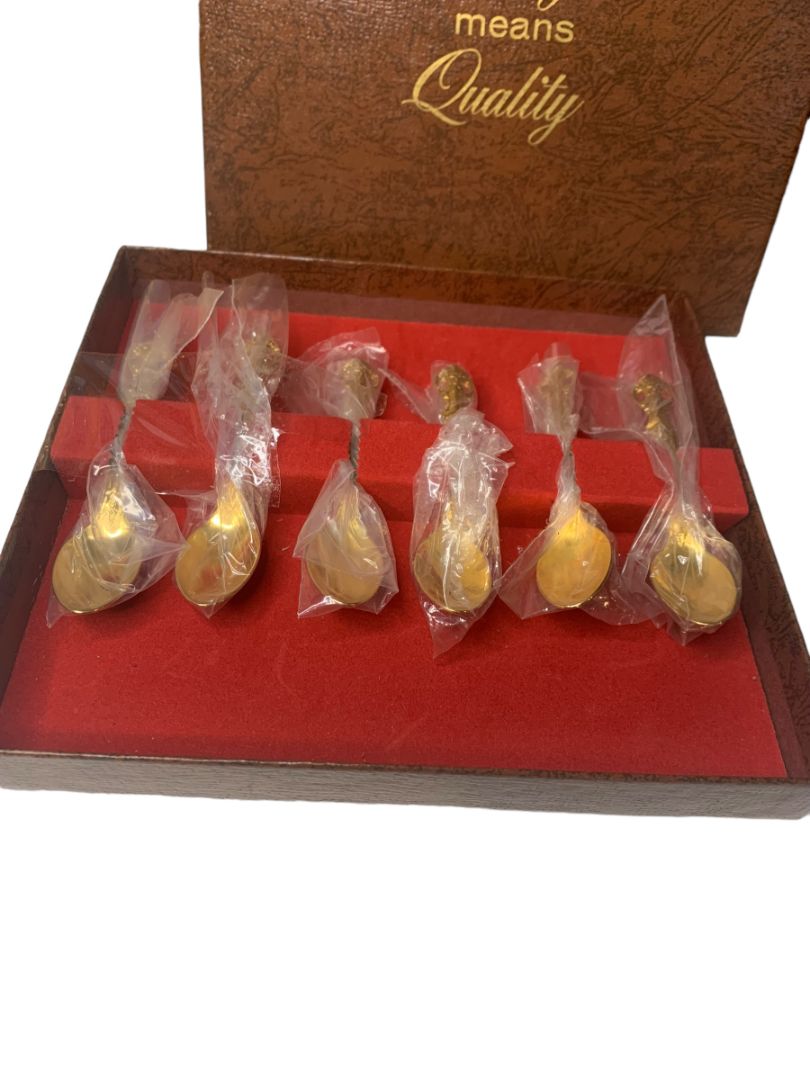 Vintage Goldplated Prestige Demitasse Spoons 4.5" Set of 6 in Box Stainless Steel