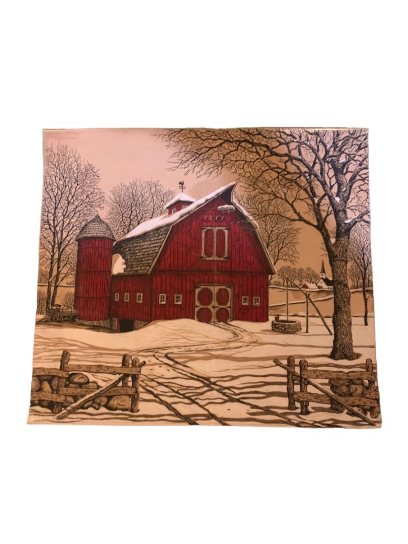 Dennis Lavorato New England Barn in Snow Print on Wood Paper Red Brown Black 15.5" x 13.5"