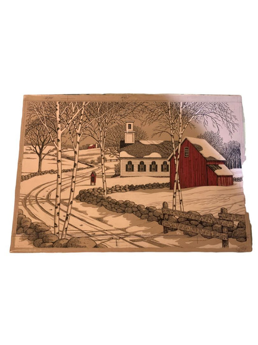 Dennis Lavorato New England Church Barn in Snow Print Marked for 10 x 16 Frame 16.5" x 11.5"