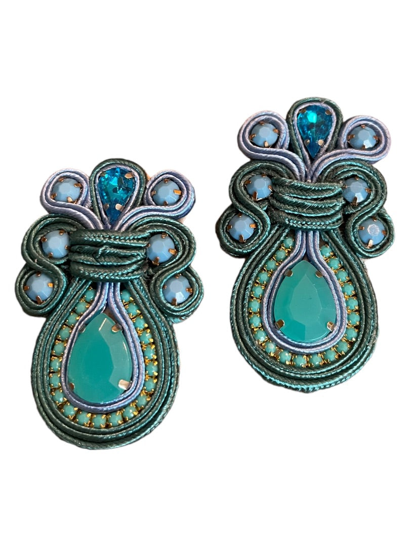 Soutache Post Earrings Flat Ribbon Statement Teardrop Turquoise Ornate 2.5"