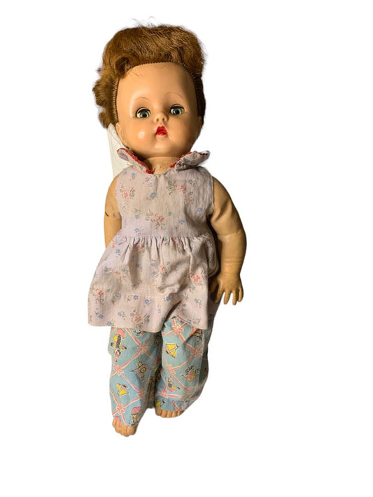 Vintage Rubbery Baby Doll Haunted Brunette Blue Open Close Eyes 15" Spooky