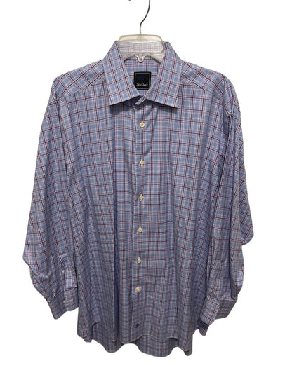 17.5 (32/33) David Donahue 100% Cotton Button Up Mens Plaid Dress Shirt Purple Blue Plaid