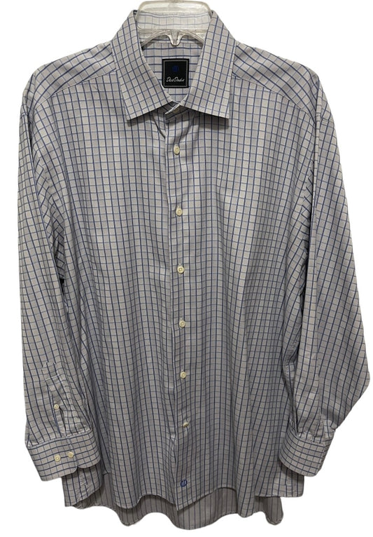 17.5 (32/33) David Donahue 100% Cotton Button Up Mens Plaid Dress Shirt Blue