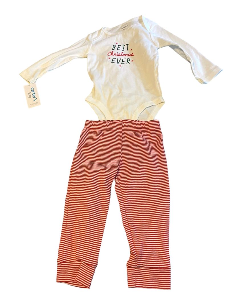 12M Carter's 2 Pc Christmas Outfit Set Snap Crotch Stirped Pants NWT