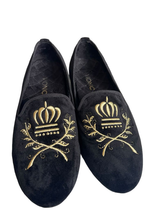 7.5 M Vionic Romi Black Velvet Flat Smoking Loafer Comfort Regal Crest Embroidered