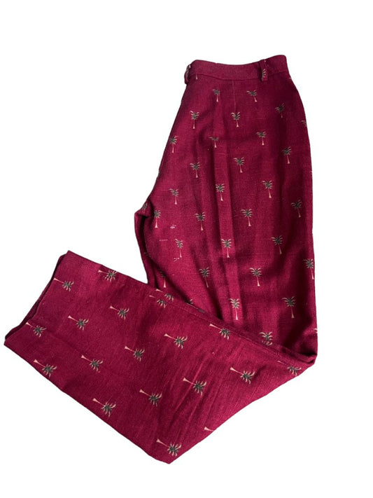 12 J McLaughlin Cotton Maroon Palmetto Tree Linen Style Dress Pants