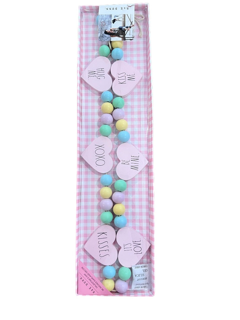 Rae Dunn Valentine Wood Garland 36" Hearts & Beads Be Mine XOXO