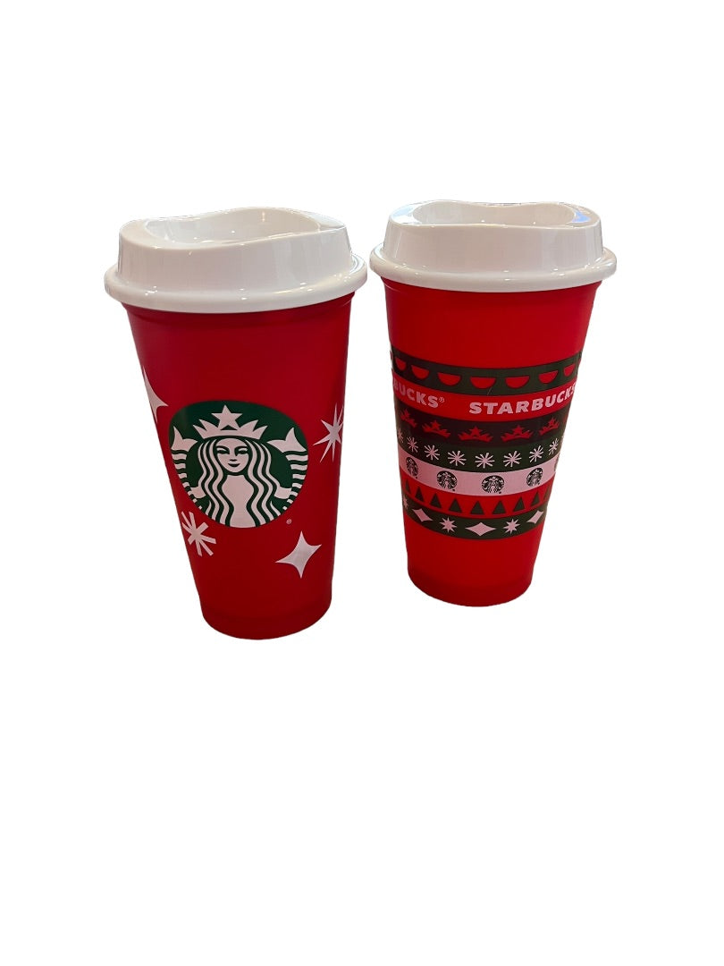 Starbucks 2 Christmas Coffee Cups & Lids Red Holiday Plastic 25 Years Tall 16oz Brand New