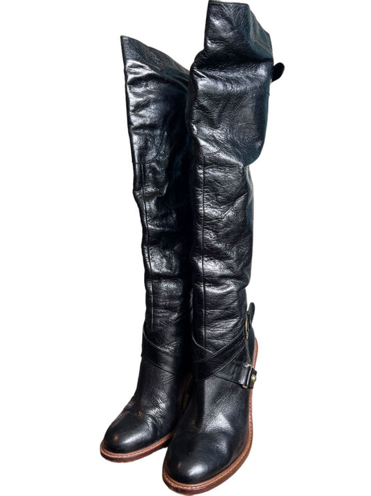 Size 8M Boutique Women's Charissa Black Leather Over the Knee Buckle Heeled Boots Boot