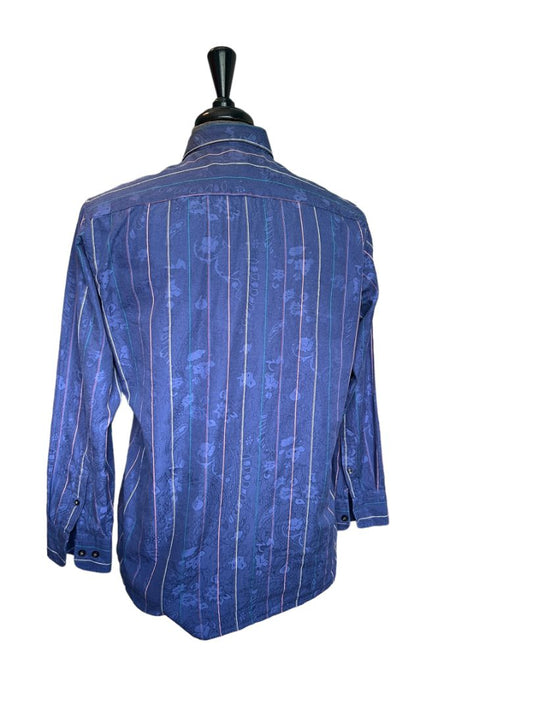 Size Small Tommy Bahama Blue Multi Stripe Floral Imprint Silk Blend Button Down Shirt