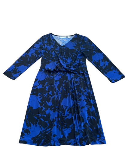 XS Susan Graver Blue Black Liquid Knit Faux Wrap Dress Black Blue