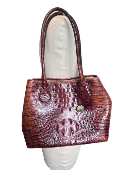 Brahmin Brown Tote Melbourne Coated Leather Glossy Snap Side Croc Embossed Vintage