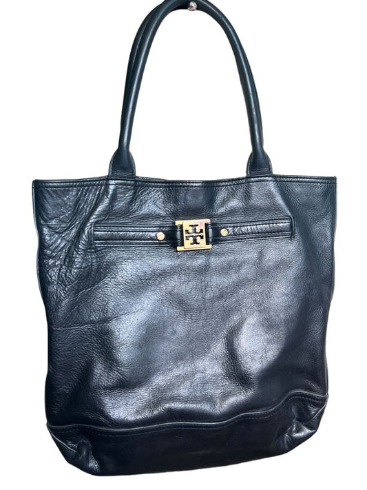 Tory Burch Jaden Black Leather Tote Gold Tone Hardware