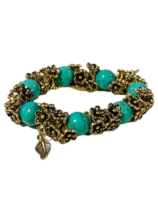 Silvertone and Faux Turquoise Beaded Stretch Bracelet Feather Charms