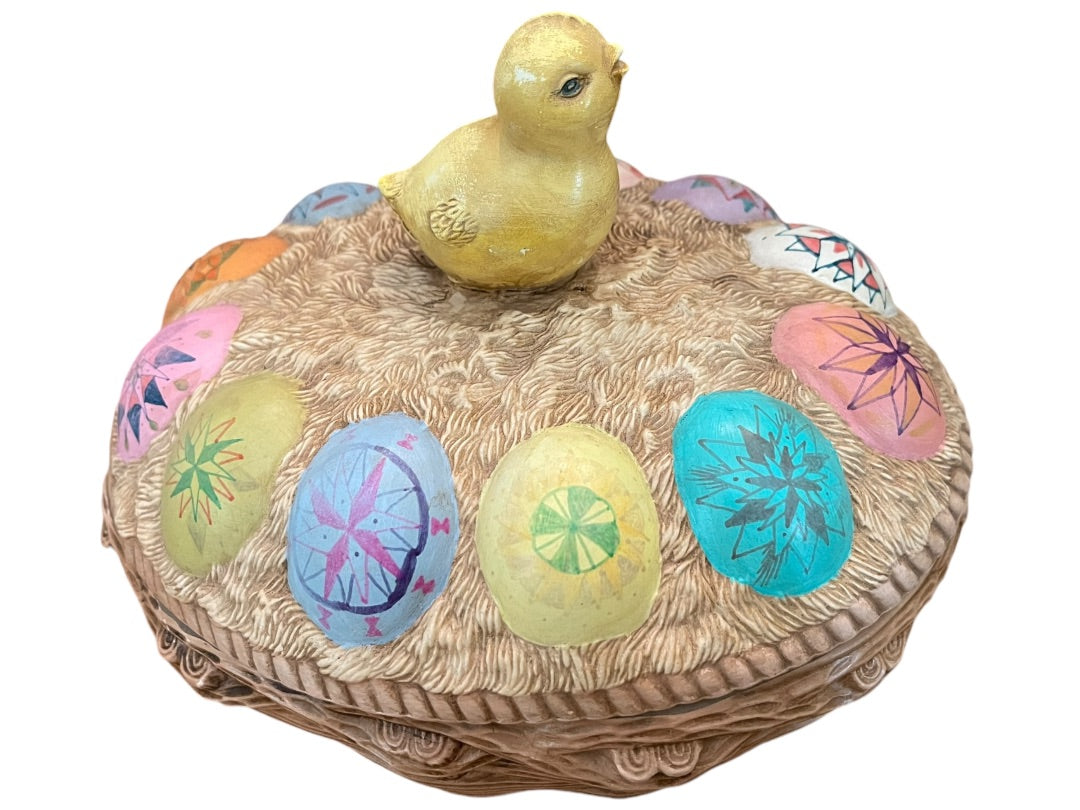 Vintage Hand Painted Chick on Ukrainian Eggs Basket Lidded Cookie Jar