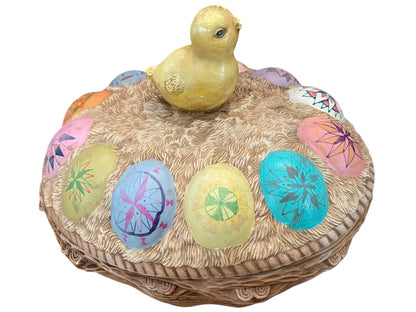 Vintage Hand Painted Chick on Ukrainian Eggs Basket Lidded Cookie Jar
