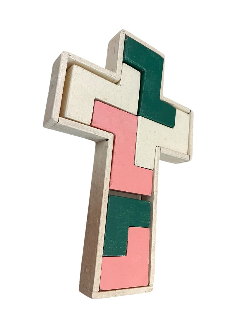 Vintage Wooden Cross Puzzle Toy 6 Pieces with Wooden Cross Box