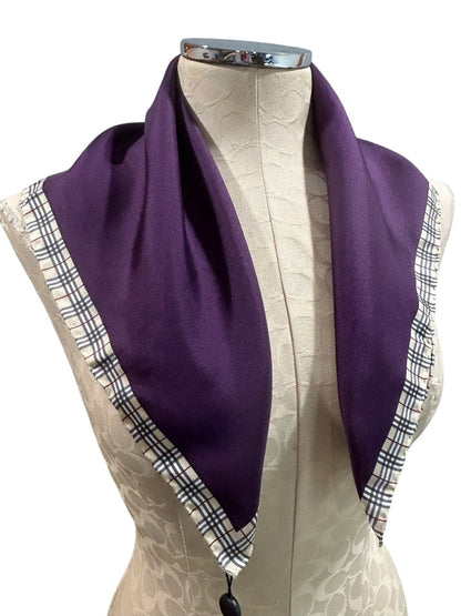 Burberry London Silk Scarf Purple New 22.5" Square Rolled Edge Plaid Trim