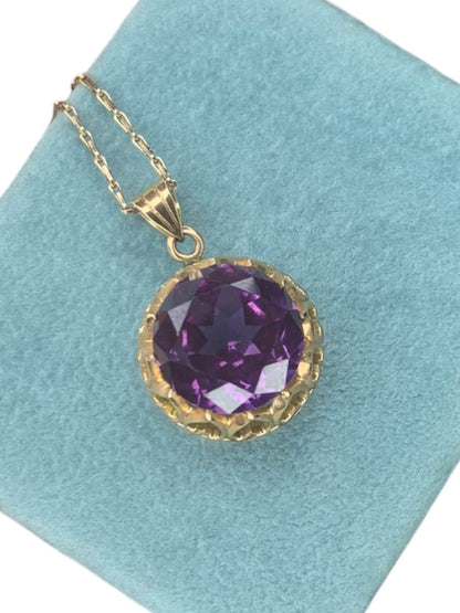 14k Yellow Gold Synthetic Amethyst Pendant Vintage Jewelry Heart Filigree Setting .5"