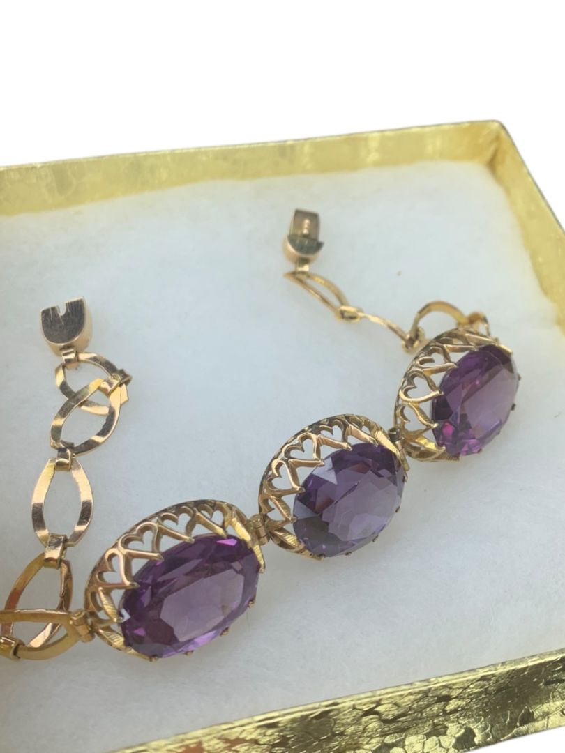 14k Yellow Gold Synthetic Amethyst Bracelet Vintage Jewelry Heart Filigree Setting 7.5"