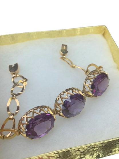 14k Yellow Gold Synthetic Amethyst Bracelet Vintage Jewelry Heart Filigree Setting 7.5"