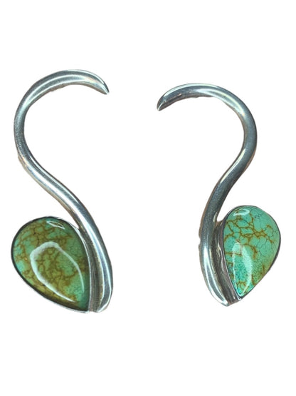 Vintage Sterling Silver 925 Green Turquoise Post Pierced Earrings 2.5" Drop "KD" Owl Hallmark