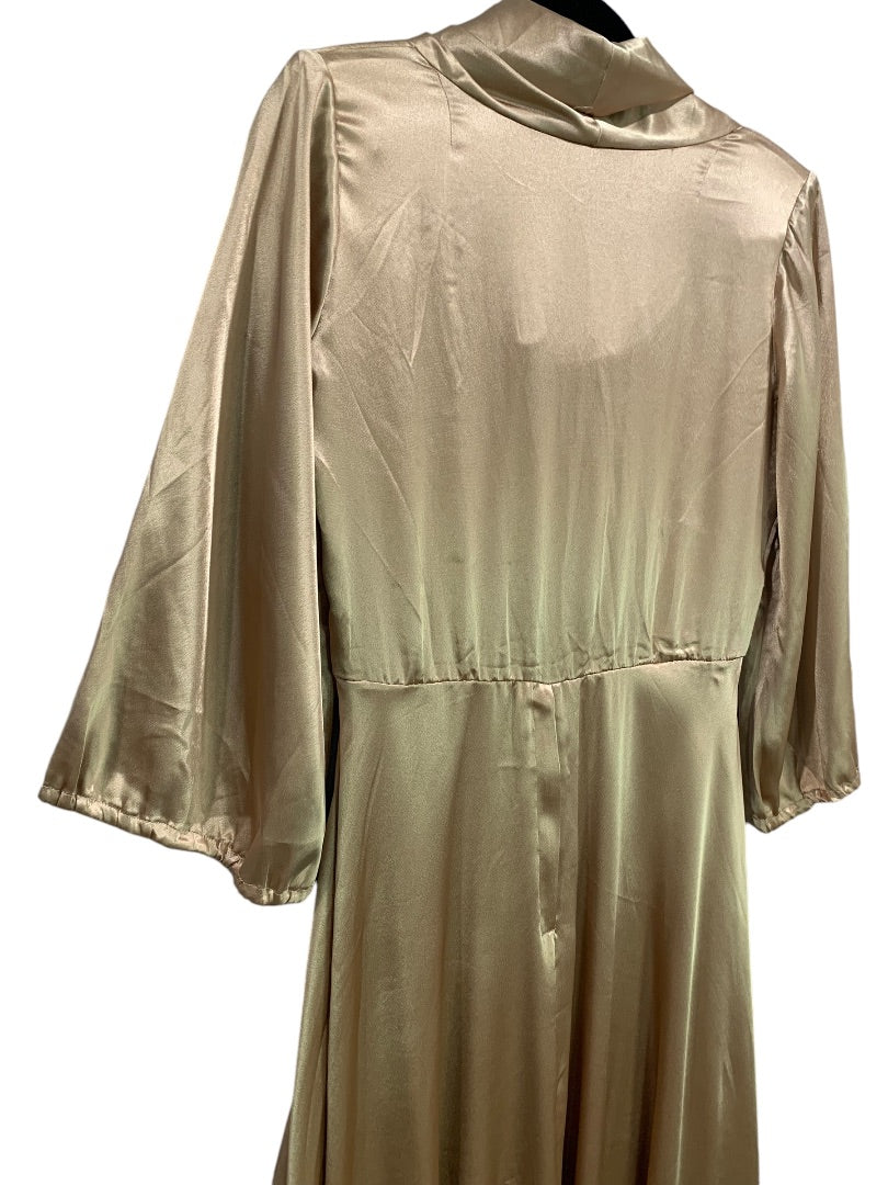 Medium Vintage 1970s Draped Gold Silky Gown Handmade Cowl Neck Dress Flawed