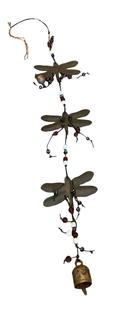 Rustic 30" Metal Dragonfly Bell Glass Beads 4.5 Inch Wingspan