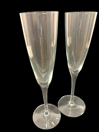 Set of 2 Vintage Clear Glass Champagne Flutes Glasses Pair 9.25 Inches