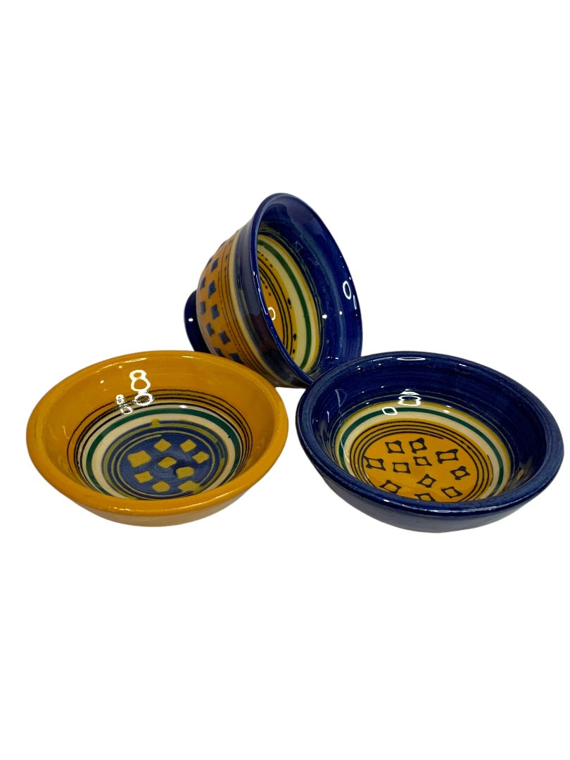 Small Signed Art Pottery MCF Yellow Blue Set of 3 Bowls