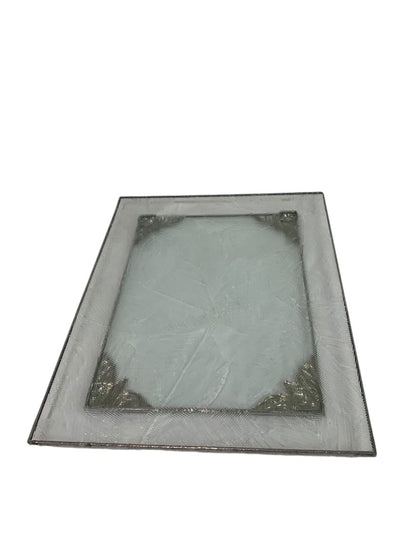 Textured Glass Display Tray Ornate Metal Trim Vanity 10x8 Inches