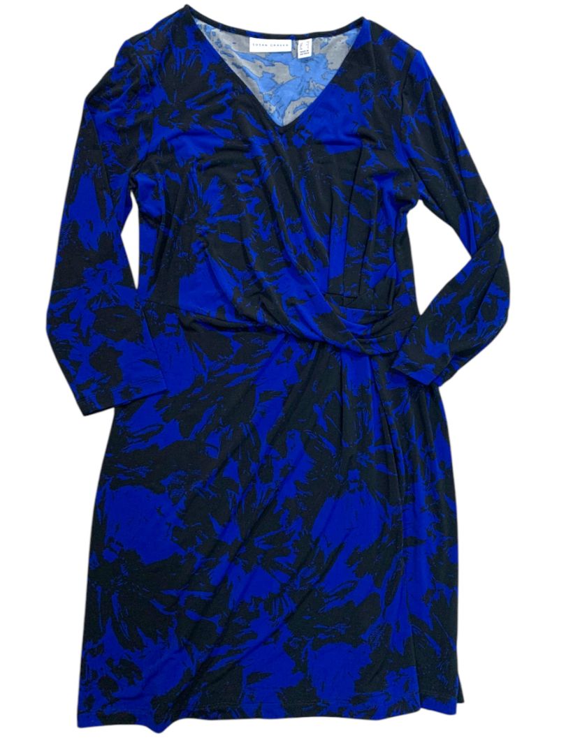 XS Susan Graver Blue Black Liquid Knit Faux Wrap Dress Black Blue