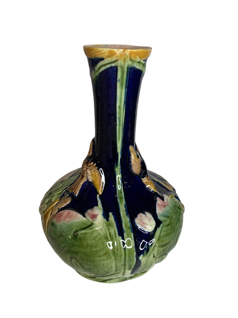 Antique Majolica Hummingbird Vase 8.5 Inch Cobalt Chips