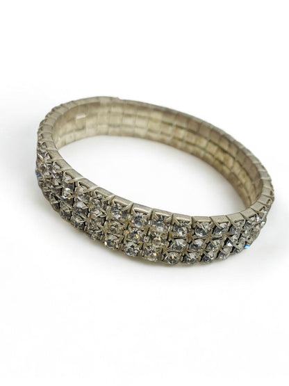 Vintage Rhinestone 3 Row Stretch Bracelet Silvertone Setting