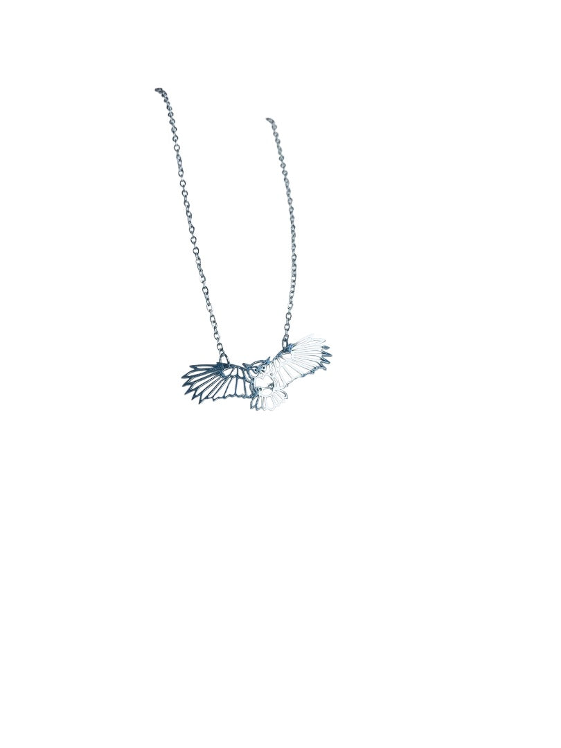 Silvertone Flying Owl Pendant Lasercut 18 Inch