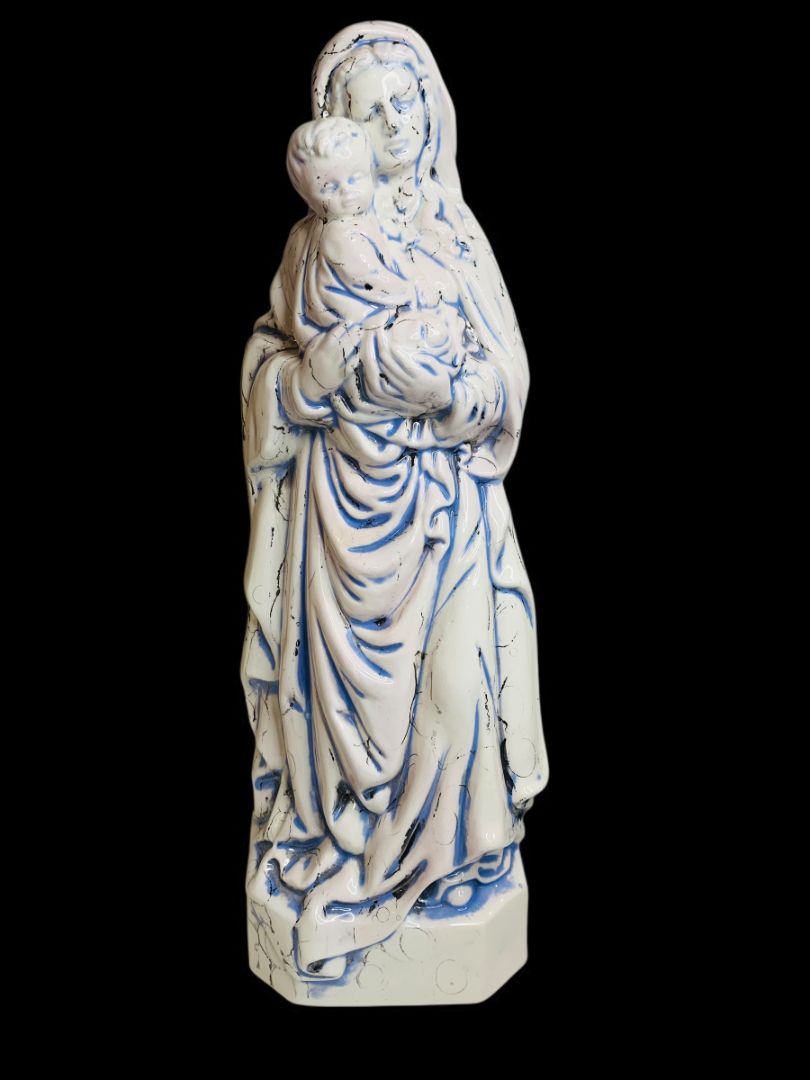 Vintage Madonna Baby Jesus Ceramic Figurine Artistic Glaze Blue Black 13.5 Inch