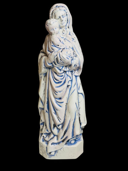 Vintage Madonna Baby Jesus Ceramic Figurine Artistic Glaze Blue Black 13.5 Inch