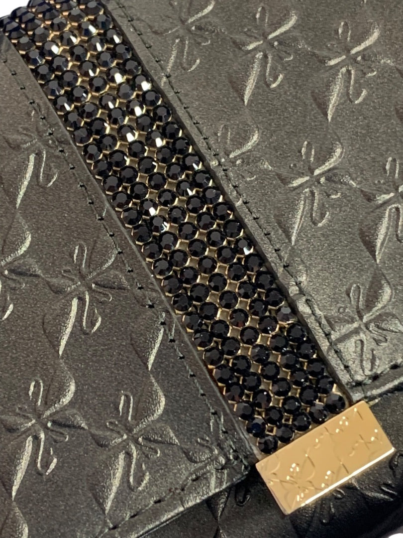 Swarovski Black Embossed Crystal Embellished Wallet 5.5 x 4 Inches New