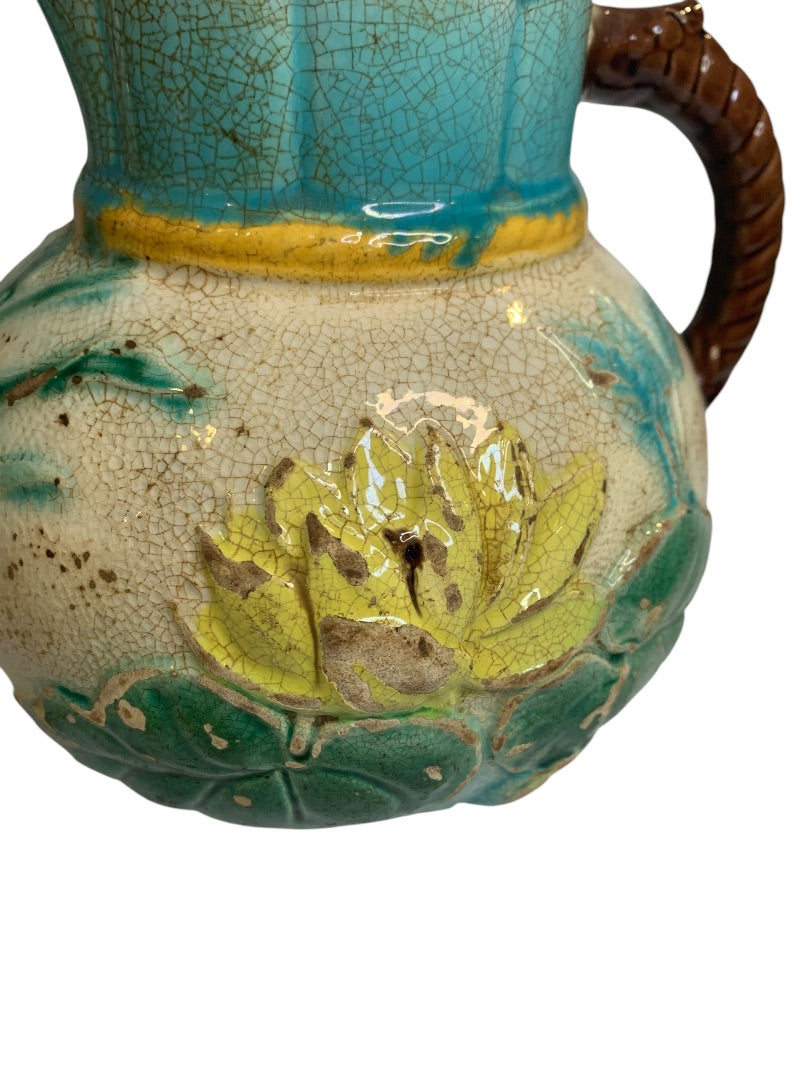 Antique Majolica Water Lily Pond Rope Pitcher Pottery 7 Inch Vibrant