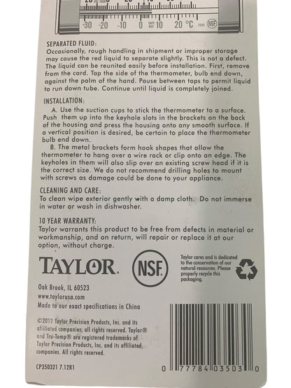 Taylor Refrigerator Freezer Thermometer Analog 3503-21 Stick Clip Hang